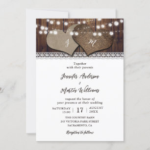 Invitation Romantique Rustique Bois Burlap et Mariage de dent
