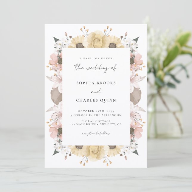 Invitation Romantique Rustique Floral Neutre Mariage photo (Debout devant)