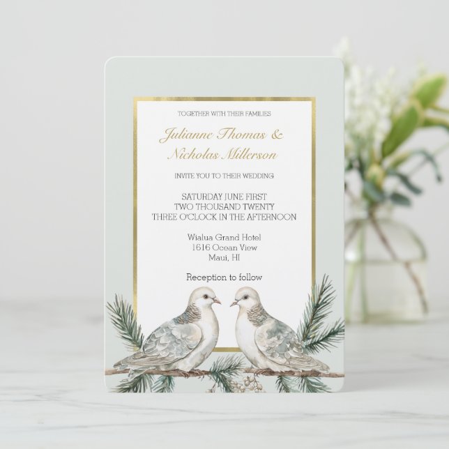 Invitation Romantique Rustique Vert Vert Oiseaux d'or Mariage (Debout devant)