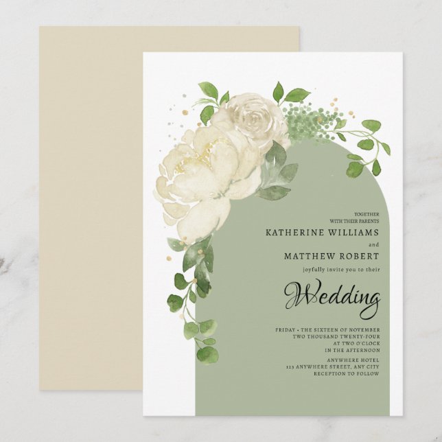 Invitation Romantique Sage Green Creme Roses Boho Floral Arch (Devant / Derrière)
