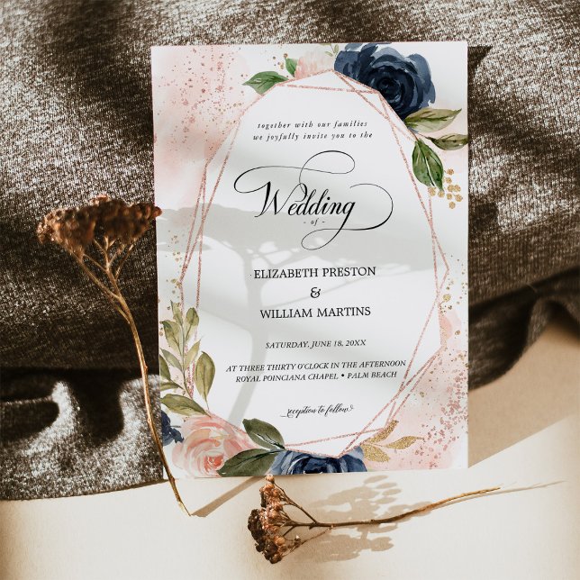 Invitation Romantique Script Blush Rose Marine Mariage Floral (Créateur téléchargé)