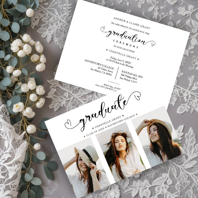 Invitation Romantique Script Collage 3 Photos Graduation (Romantic Script Typography Collage 3 Photos Graduation Invitation.)
