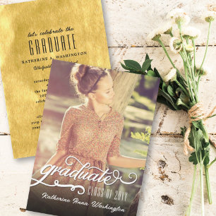 Invitation Romantique Script Gold Foil Photo Graduation Party
