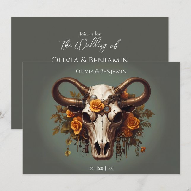 Invitation Romantique Steampunk Floral Vache Mariage crâne (Devant / Derrière)