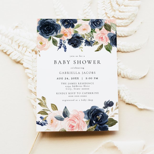 Invitation Romantique & Sweet Navy Blush Baby shower floral (Créateur téléchargé)