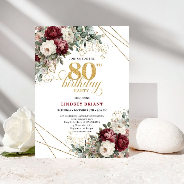 Invitation Romantique verdure de Bourgogne 80e anniversaire (Romantic Burgundy Greenery 80th Birthday)