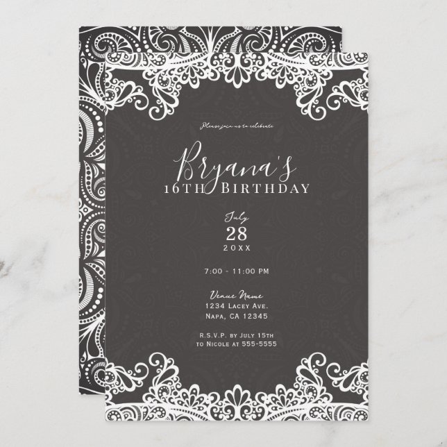 Invitation Romantique Vintage Boho Blanc dentelle Brown Sweet (Devant / Derrière)