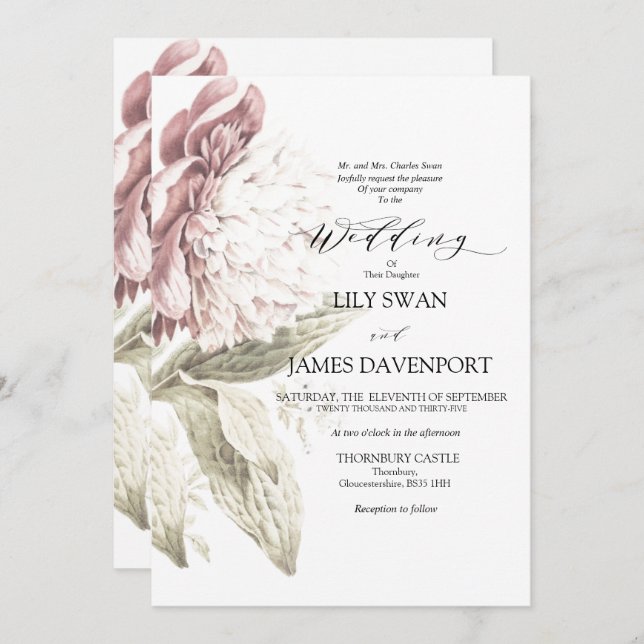 Invitation Romantique Vintage Peony Mariage (Devant / Derrière)