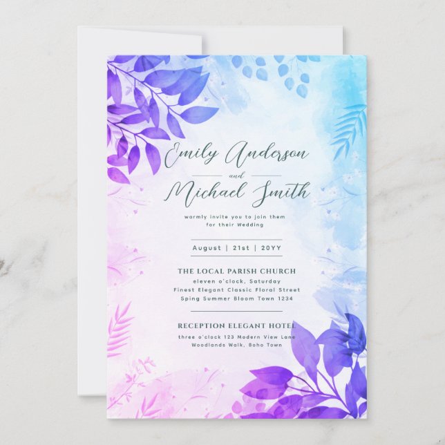 Invitation Romantique violet Aqua Photo Qr Code Rsvp Mariage (Devant)