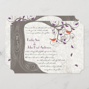 Invitation Romantique violet et corail rustique arbre lovebir