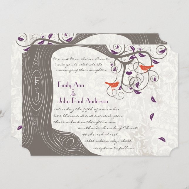 Invitation Romantique violet et corail rustique arbre lovebir (Devant / Derrière)