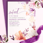 Invitation Romantique violet et rose Fleur sauvage doux 16<br><div class="desc">Célébrez une étape spéciale avec cette invitation romantique violet et rose Fleur sauvage Sweet 16. Doté d'une étonnante aquarelle de fleurs sauvages délicats aux teintes douces de violet et de rose, cette invitation dégage charme et élégance. La calligraphie gracieuse ajoute une touche de sophistication, ce qui le rend parfait pour...</div>