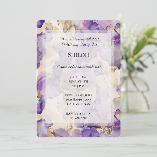 Invitation Romantique violet or Iris Floral Anniversaire (Debout devant)