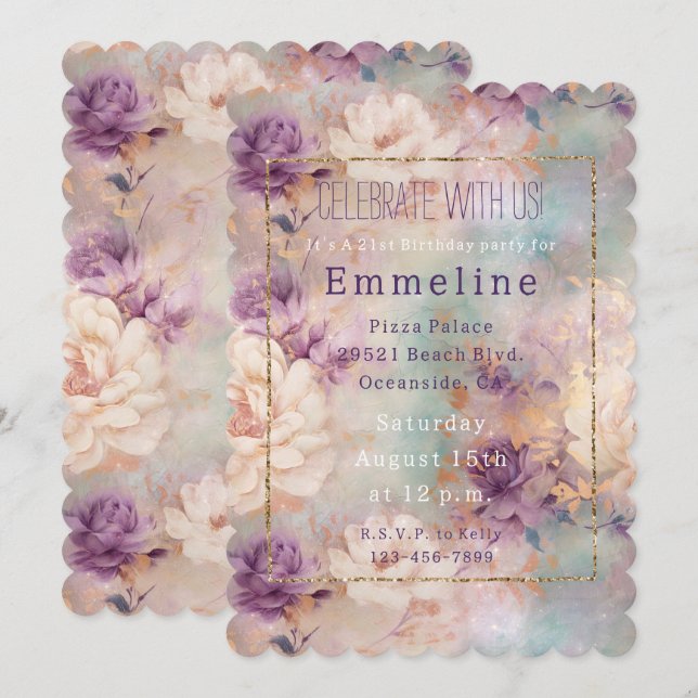 Invitation Romantique violet Turquoise Blush Floral (Devant / Derrière)