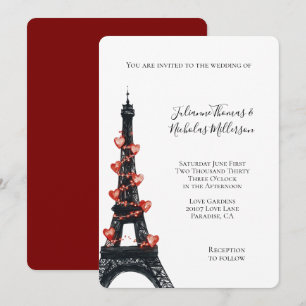 Invitation Romantique White Red Hearts Tour Eiffel Mariage