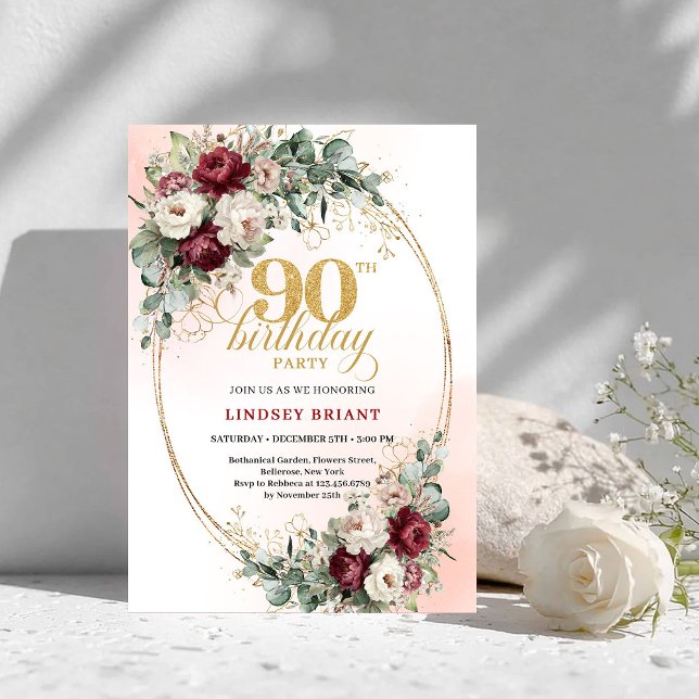 Invitation Romantiques Pivoines Marsala Eucalyptus 90e Annive (Romantic Marsala Peonies Eucalyptus 90th Birthday Invite)