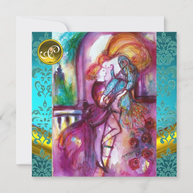 Invitation ROMEO ET JULIET Aqua Bleu, Turquoise Damas Floral (Devant)