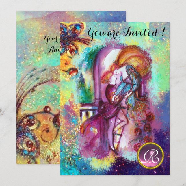 Invitation ROMEO ET JULIET Floral Blue Gold Étincelles (Devant / Derrière)