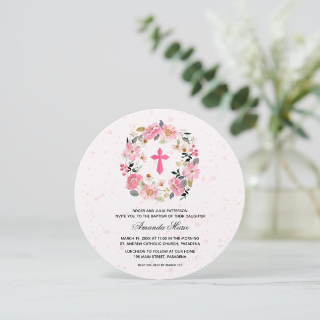 Invitation Rond de baptême floral rose aquarelle (Debout devant)