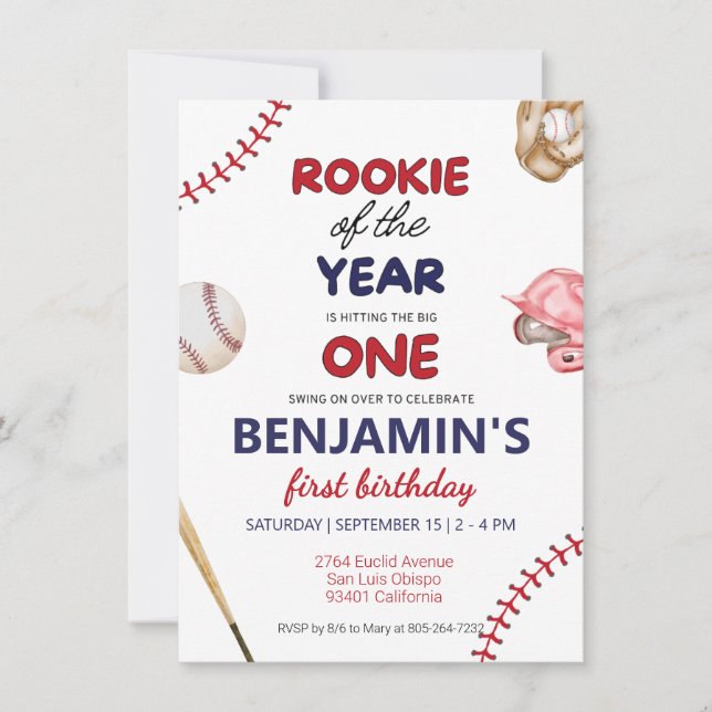Invitation Rookie baseball rouge bleu 1er anniversaire (Devant)