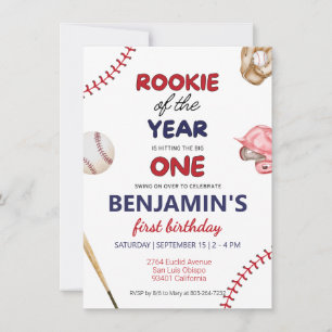 Invitation Rookie baseball rouge bleu 1er anniversaire