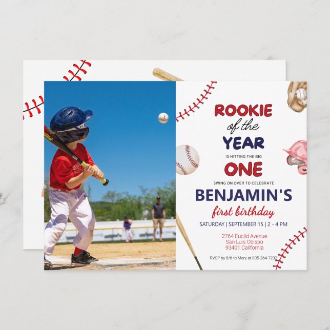 Invitation Rookie baseball rouge bleu 1er anniversaire Photo (Devant / Derrière)