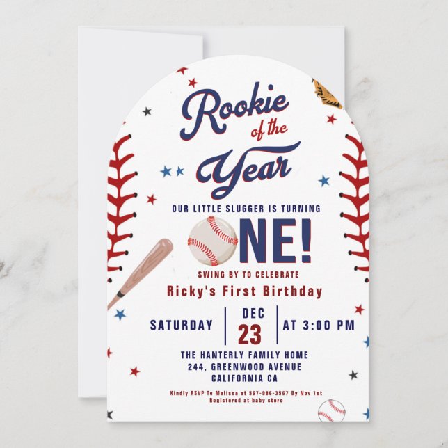 Invitation Rookie de baseball de l'année Baseball 1er anniver (Devant)
