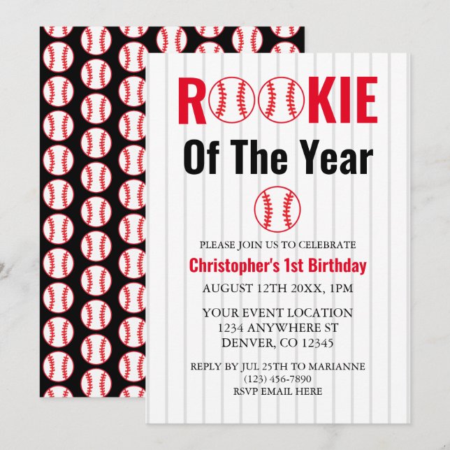 Invitation Rookie De L'Année Baseball 1er Anniversaire (Devant / Derrière)