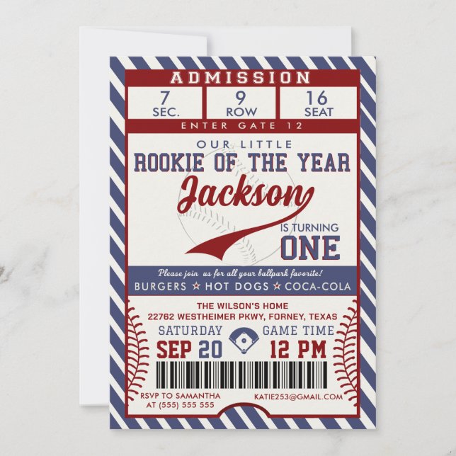 Invitation Rookie of the Year 1st Birthday Baseball Ticket (Devant)