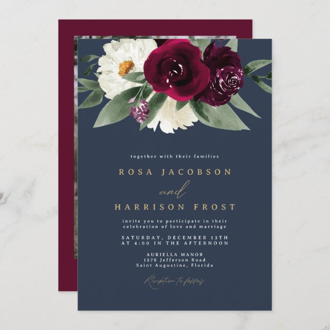 Invitation ROSA Bourgogne et marine Floral Winter Wedding (Devant / Derrière)