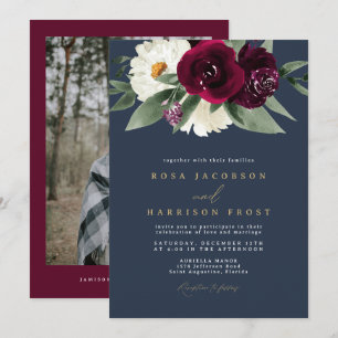 Invitation ROSA Bourgogne et marine Floral Winter Wedding