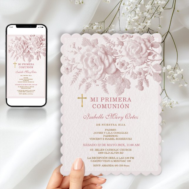 Invitation Rosa Floral Primera Comunión Fille Croix Dorée (Créateur téléchargé)
