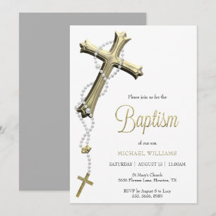 Invitation Rosaire blanc Décoré Croix d'or Baptême