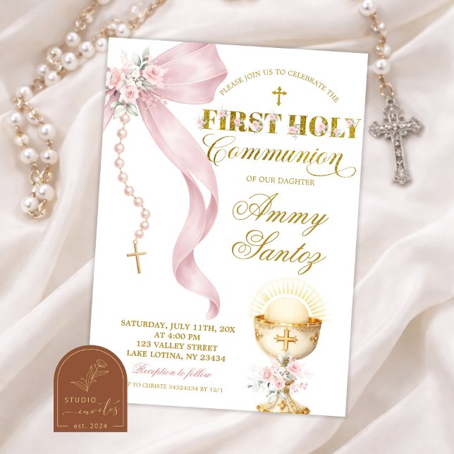 Invitation Rosaire coquette à ruban rose première communion s (Créateur téléchargé)