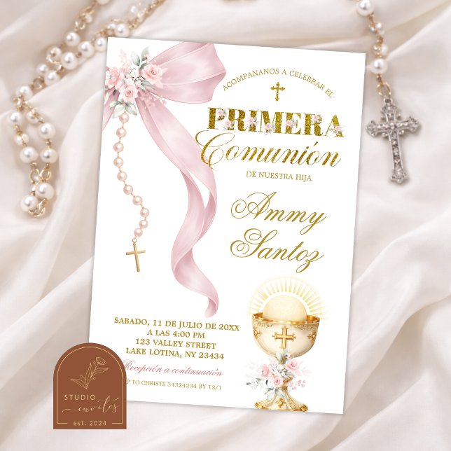 Invitation Rosaire coquette à ruban rose Primera comunion (Créateur téléchargé)