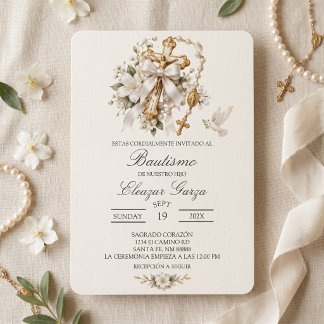 Invitation rosaire et croix dorée baptême
