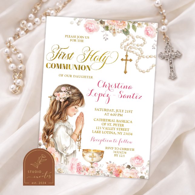 Invitation Rosaire Fille Fleur Rose Première Communion (Créateur téléchargé)