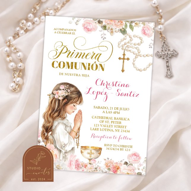 Invitation Rosaire Fleur Rose Fille Primera Comunion (Créateur téléchargé)