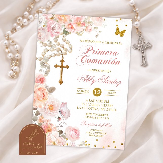 Invitation Rosaire floral à fleurs roses Communion catholique (Créateur téléchargé)