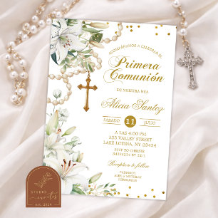 Invitation Rosaire floral de lys blanc Catholic Primera Comun