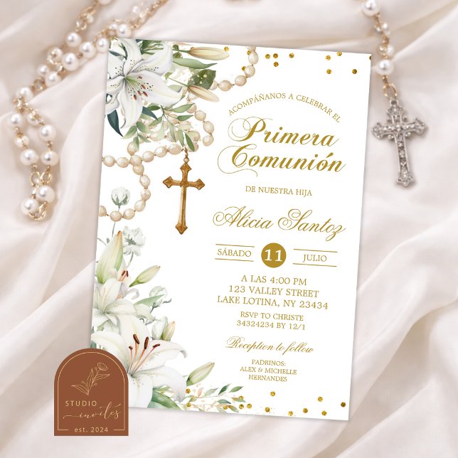 Invitation Rosaire floral de lys blanc Catholic Primera Comun (Créateur téléchargé)