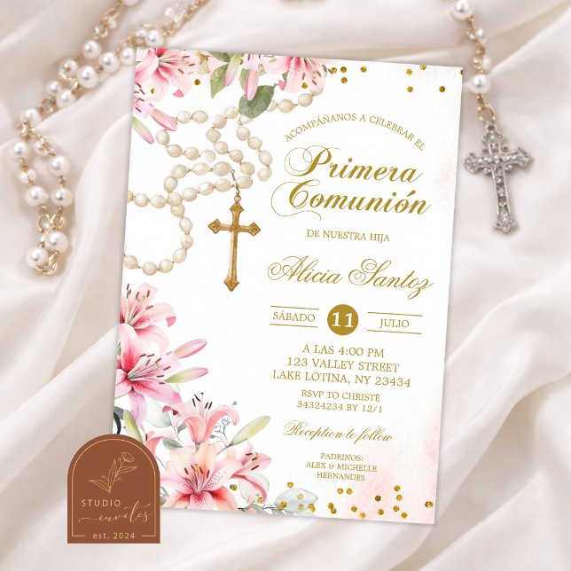 Invitation Rosaire floral lis rose Primera Comunion espagnole (Créateur téléchargé)