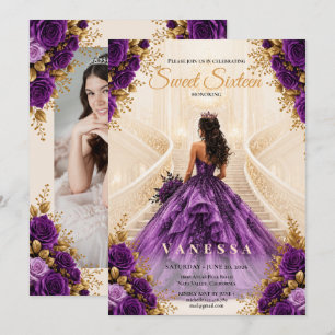 Invitation rose 16 ans princesse violet et or