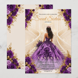 Invitation rose 16 ans princesse violet et or