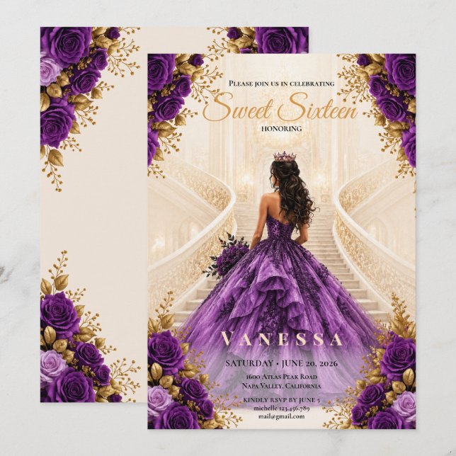 Invitation rose 16 ans princesse violet et or (Devant / Derrière)