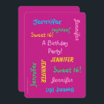 Invitation rose 16 Soirée, Personnalisé, Noms<br><div class="desc">Quelle merveilleuse et amusante Sweet 16 Party Invitation! Sur le devant, votre texte se répète en différentes polices et couleurs sur un arrière - plan rose chaud. Au verso, les détails de l'événement. Il est facile de modifier le NOM, le TEXTE et les DÉTAILS à l'avant et à l'arrière. Le...</div>