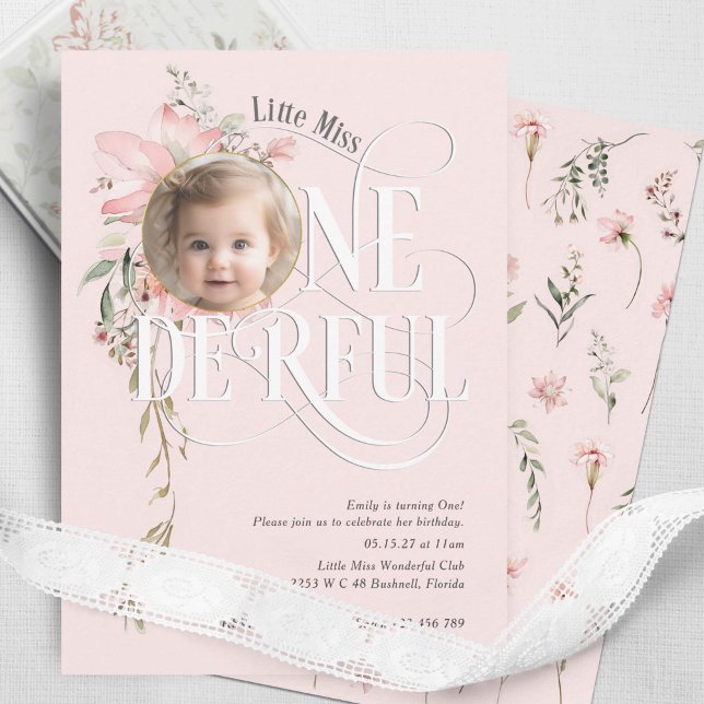 Invitation Rose 1er anniversaire Miss Onederful Fleur sauvage (Little MIss Onederland, Pink Baby girl 1st birthday wildflower themed invitation.)