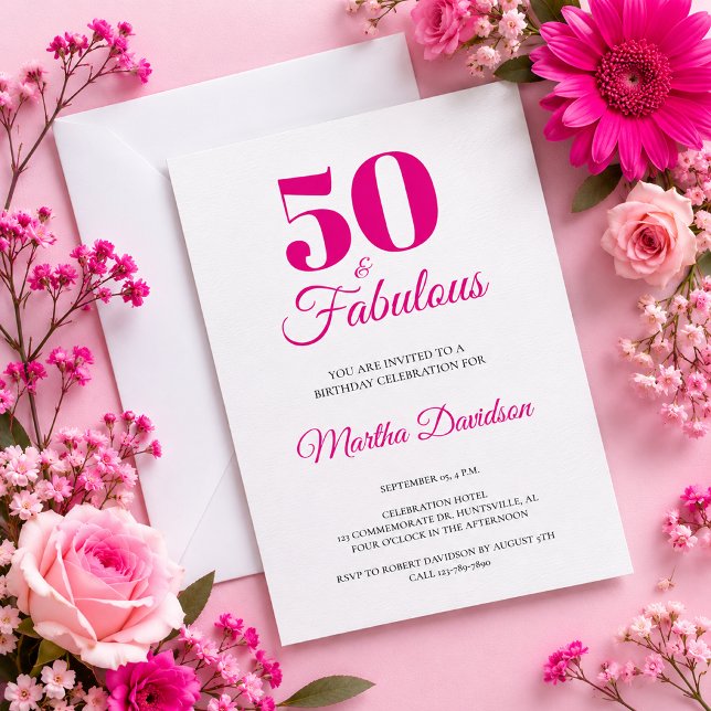 Invitation Rose 50 ans & Fabulueuse Célébration Élégante (Pink 50 & Fabulous Elegant Celebration Invitation)