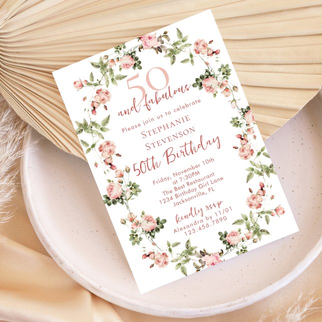 Invitation Rose 50 & Fabulous 50th Birthday Garden Tea Party (Créateur téléchargé)