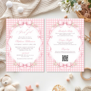 Invitation Rose à carreaux vichy coquette à noeud bébé tout-e